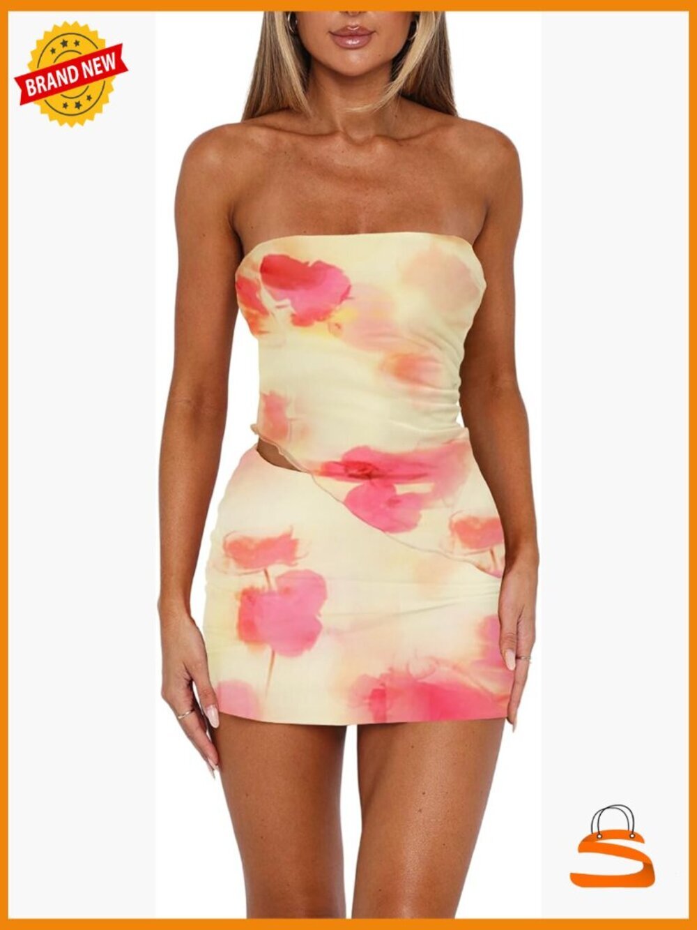Two Piece Skirt Set Women Summer Asymmetrical Mesh Strapless Tube Top Mini